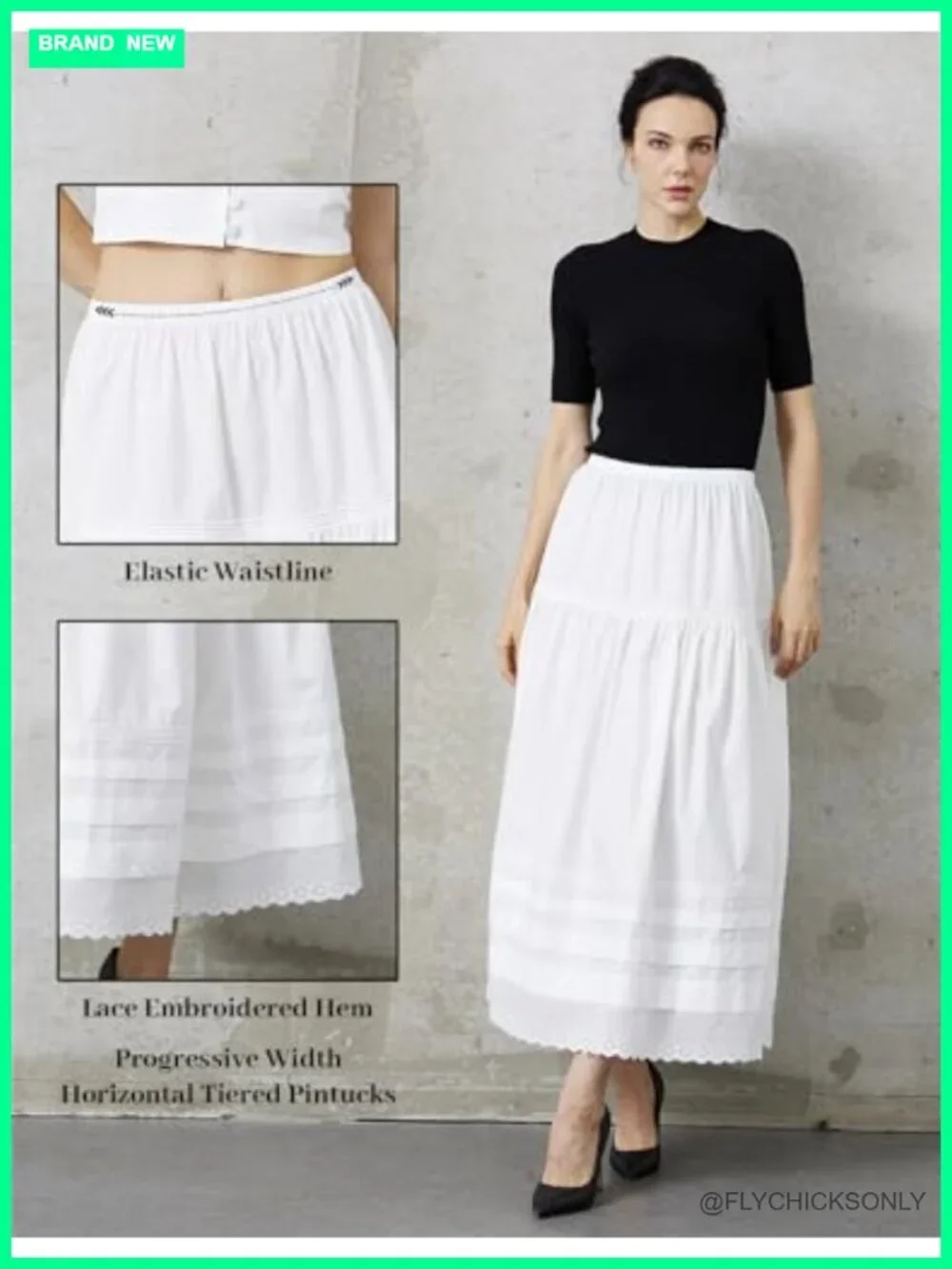 100% Cotton Maxi Skirt Elastic Waist A-Line Flowy Lace Eyelet Tiered